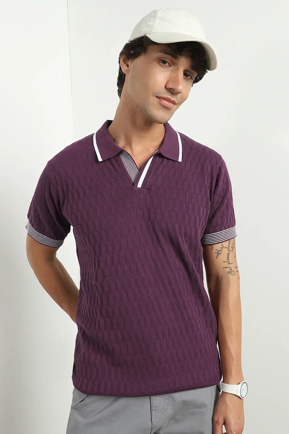 Grid Knit Textured Polo T-Shirt - Image 13
