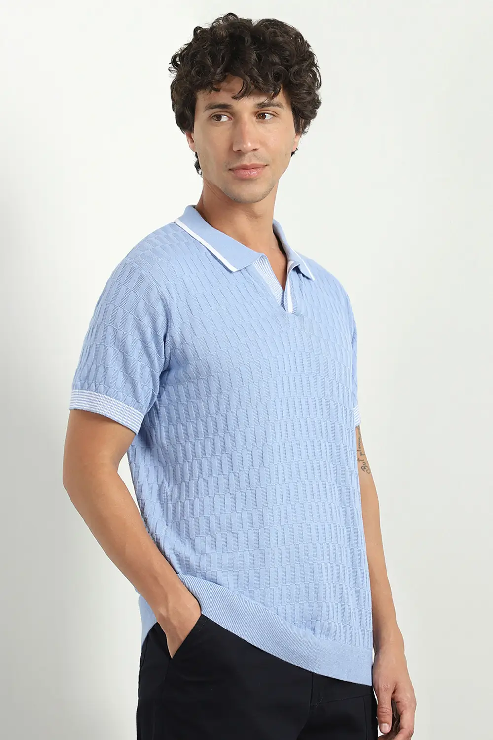 Grid Knit Textured Polo T-Shirt - Image 4