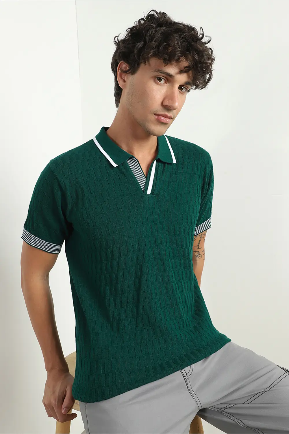 Grid Knit Textured Polo T-Shirt - Image 21