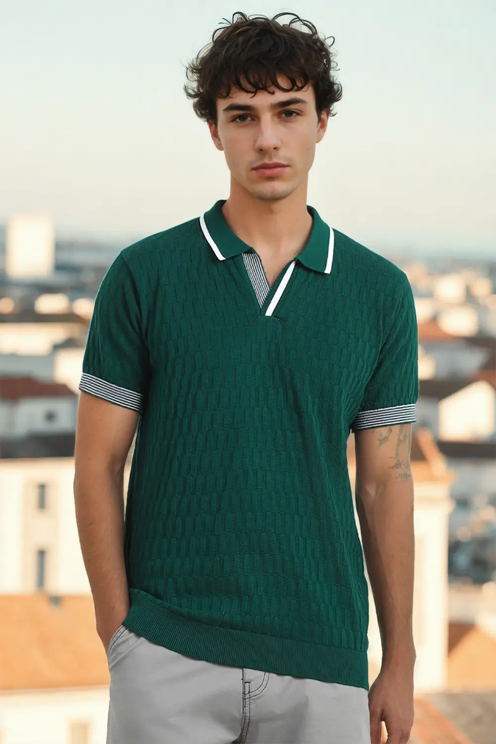 Grid Knit Textured Polo T-Shirt - Image 25